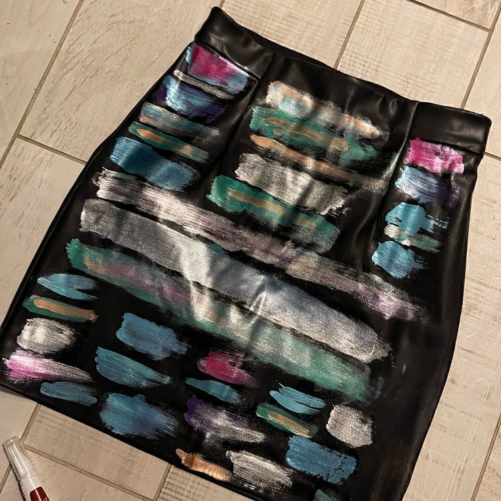 Small Dynamite Black Custom Hand-painted Paint Strip Faux Leather Mini Skirt